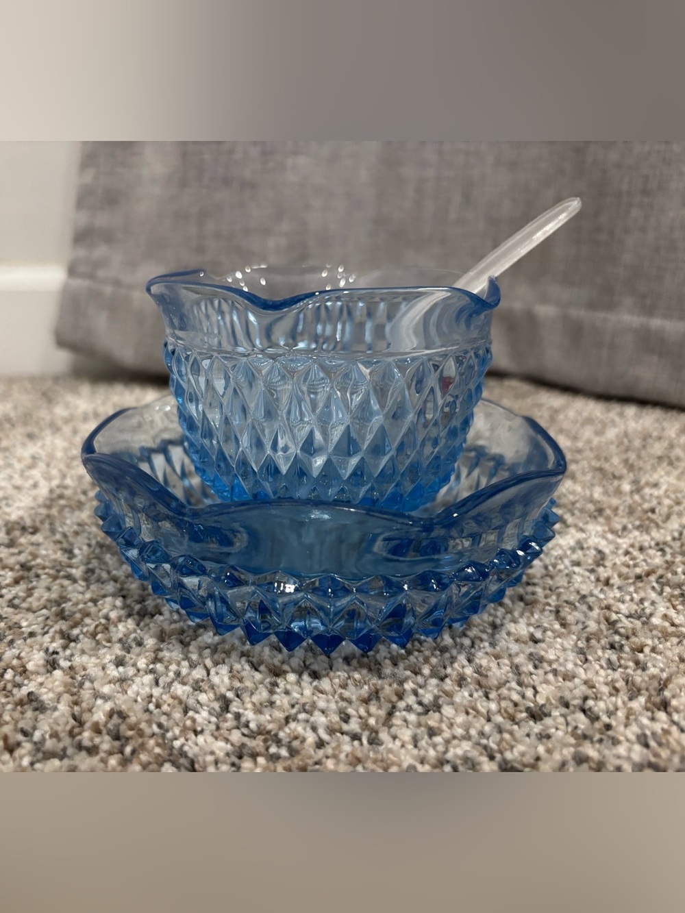Vintage Indiana Glass Regal Blue Diamond Point Mayonnaise Bowl & Under plate Set